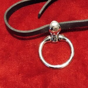 Silver Ring Pendant on Black Leather Necklace